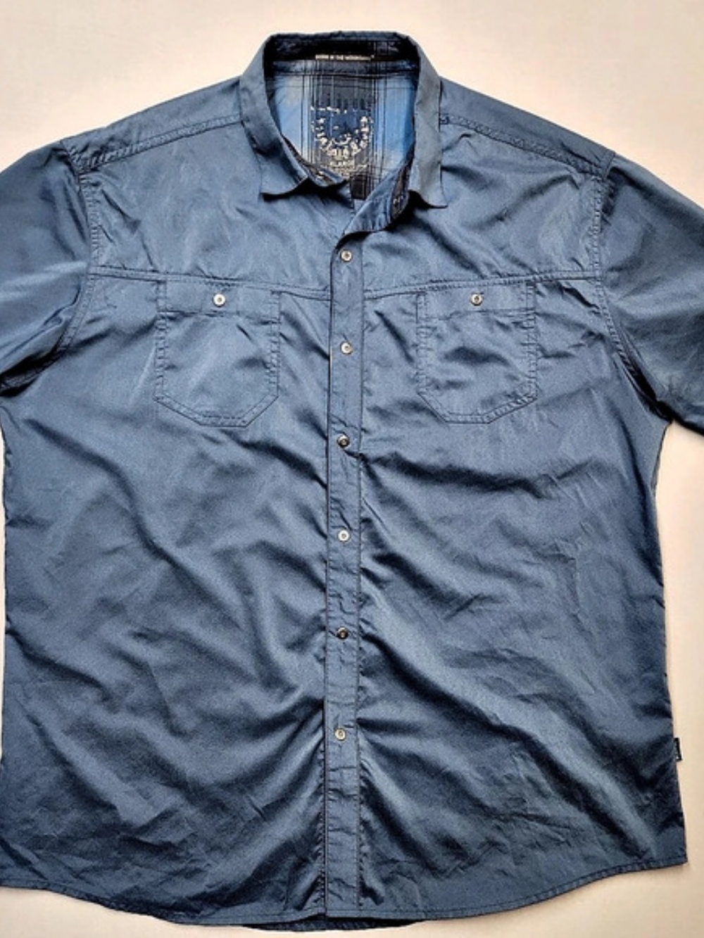 KUHL Stealth Shirt Mens XL Blue Short Sleeve Snap Button Hiking Trail Stain